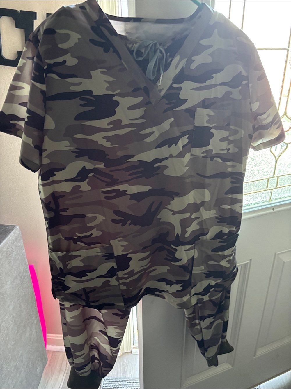 Olive Camo V-Neck Scrub Top and Drawstring Jogger Pants